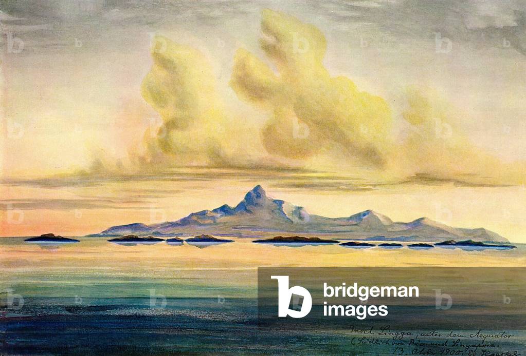 Indonesia: The Lingga Archipelago or Kepulauan Lingga off the east coast of Sumatra. Watercolour by the German scientist and traveller Ernst Haeckel, c.1882.