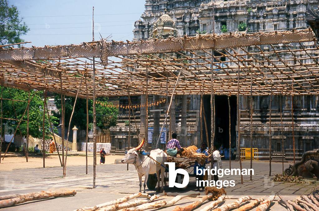 India: Preparing a covered area for a temple festival at the Varadharaja Perumal (Devarajaswami) Temple, Kanchipuram, Tamil Nadu