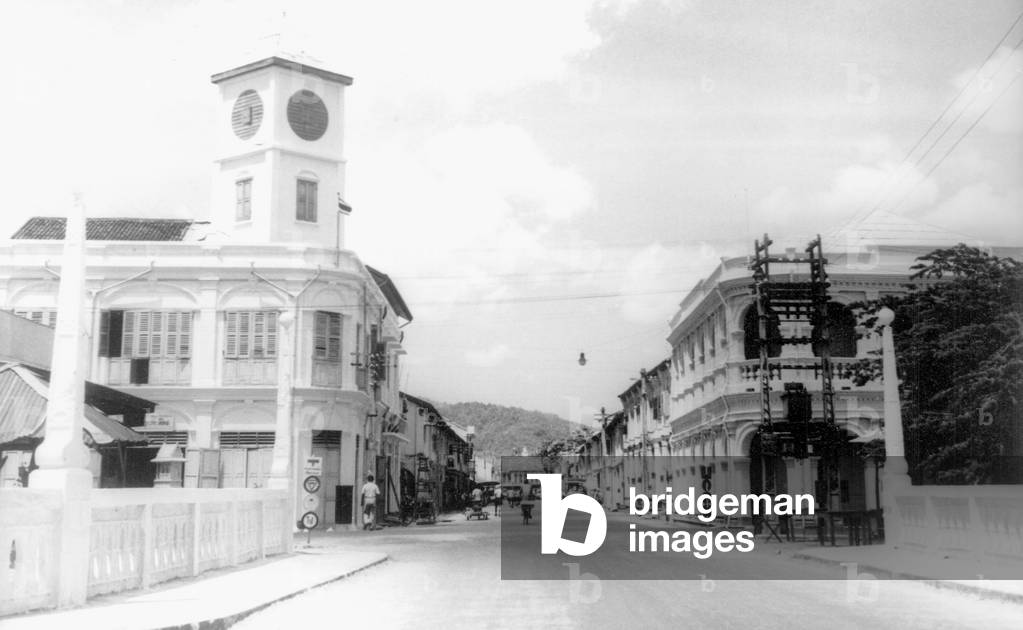Thailand, Talat Mai 'New Market' and Chartered Bank, Phuket, 1957