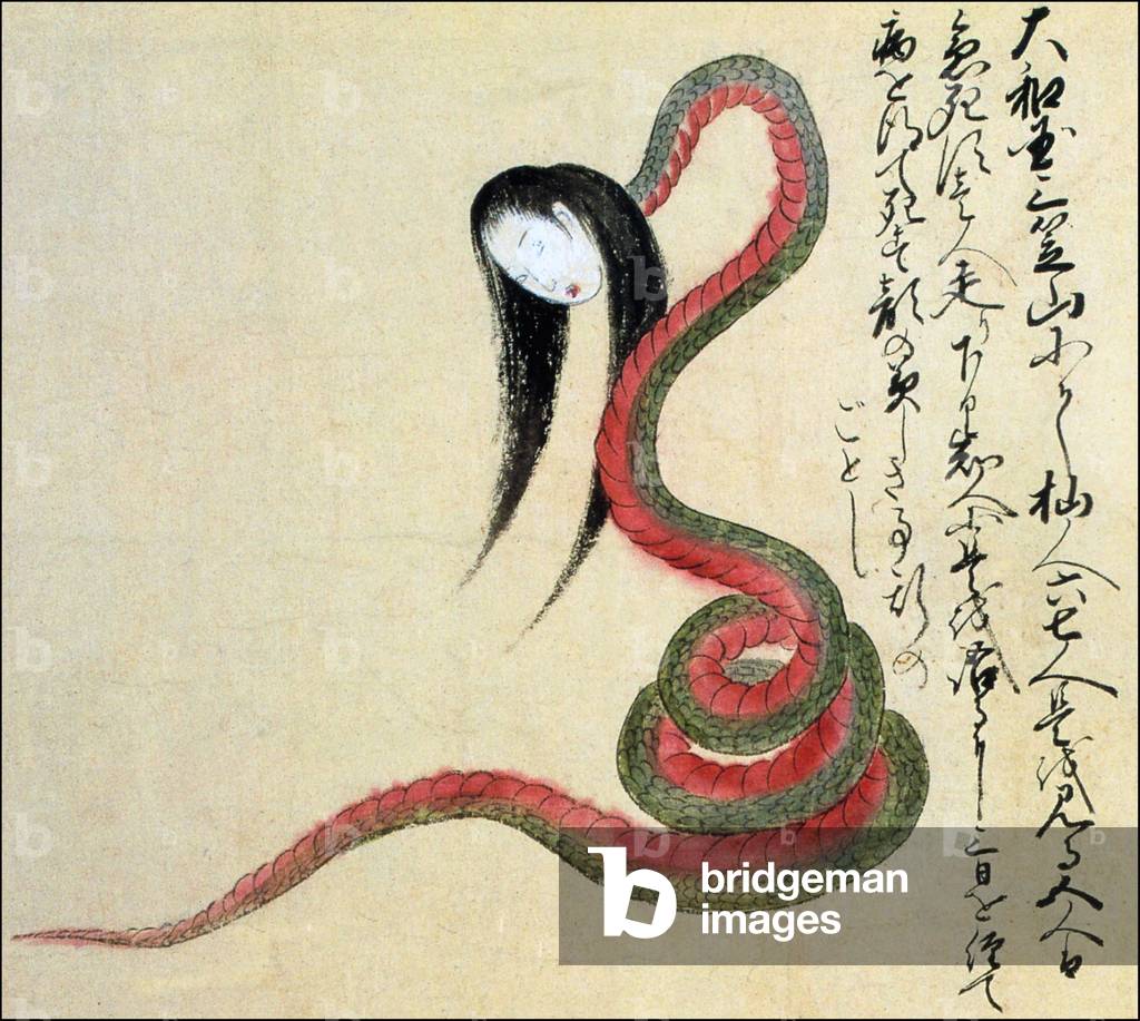 Japan: The 'snake woman' of Nara. From the Kaikidan Ekotoba Monster Scroll, mid-19th century.