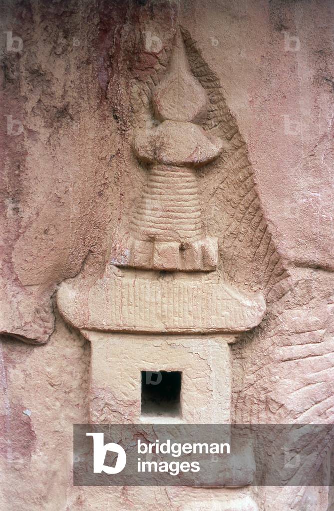 China: Stone relief showing a Buddhist stupa or chorten carved into the rock face, Binglingsi, Yongjing County, Linxia Hui Autonomous Prefecture, Gansu