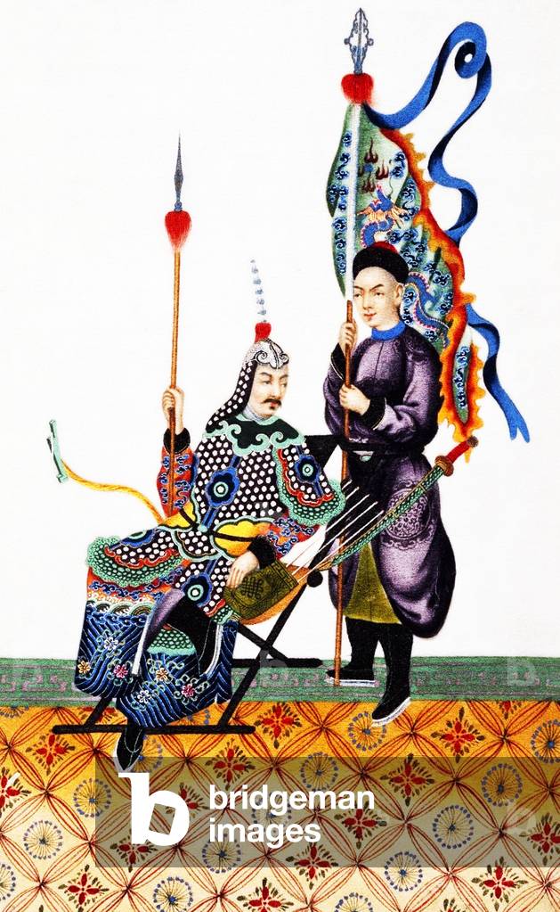 China: Early 19th century hand-painted representation of a Qing military officer and Manchu Bannerman together with his flag bearer