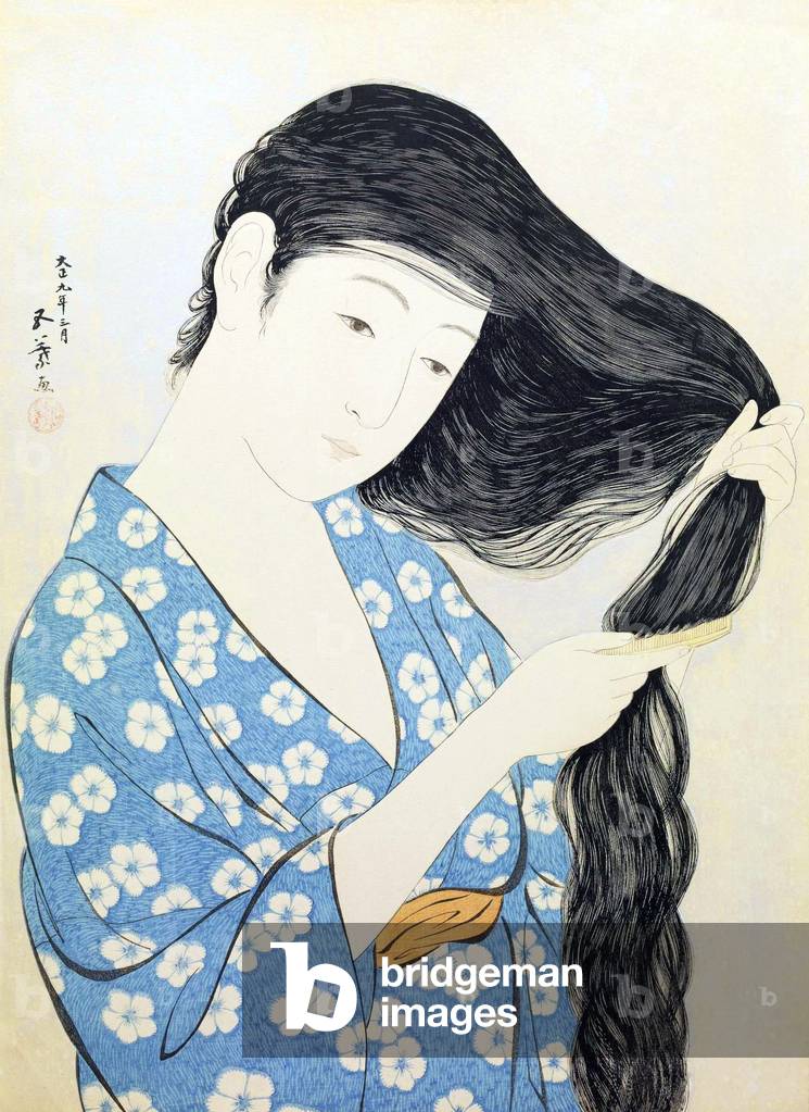Japan: A young woman in a blue kimono combing her hair. Goyo Hashiguchi, c. 1920