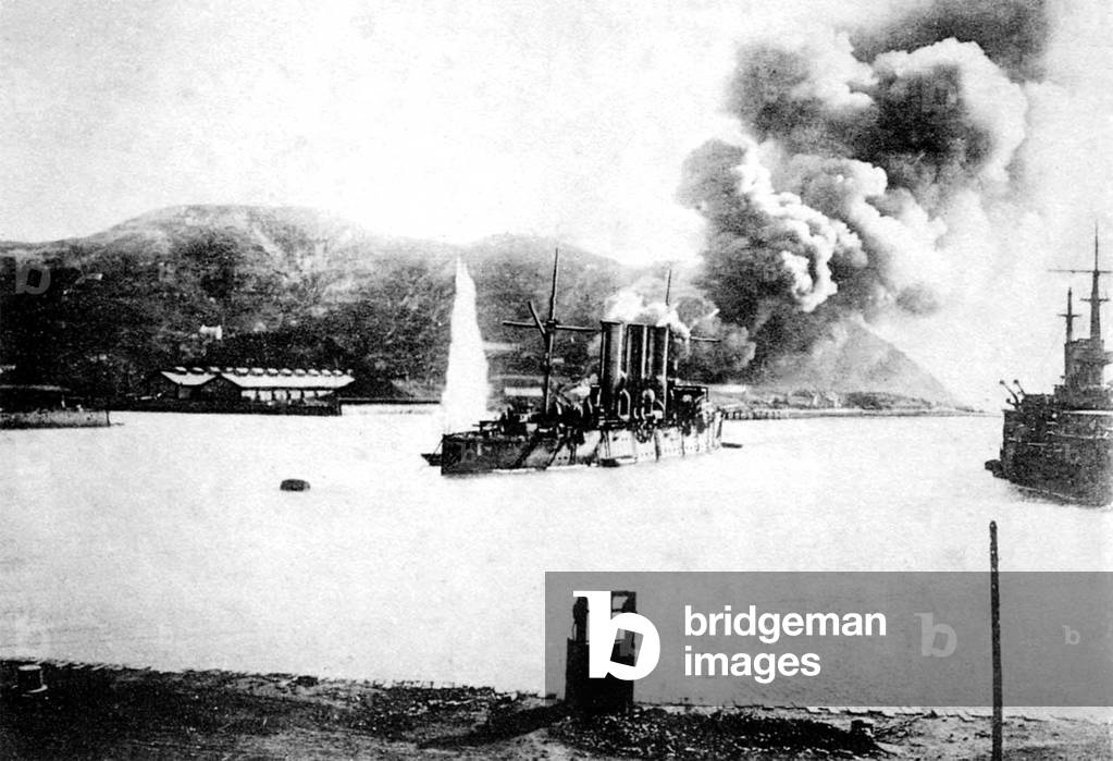 Fire at the Oil Depot in Port Arthur caused by Japanese Gunfire, 1905 (b/w photo)