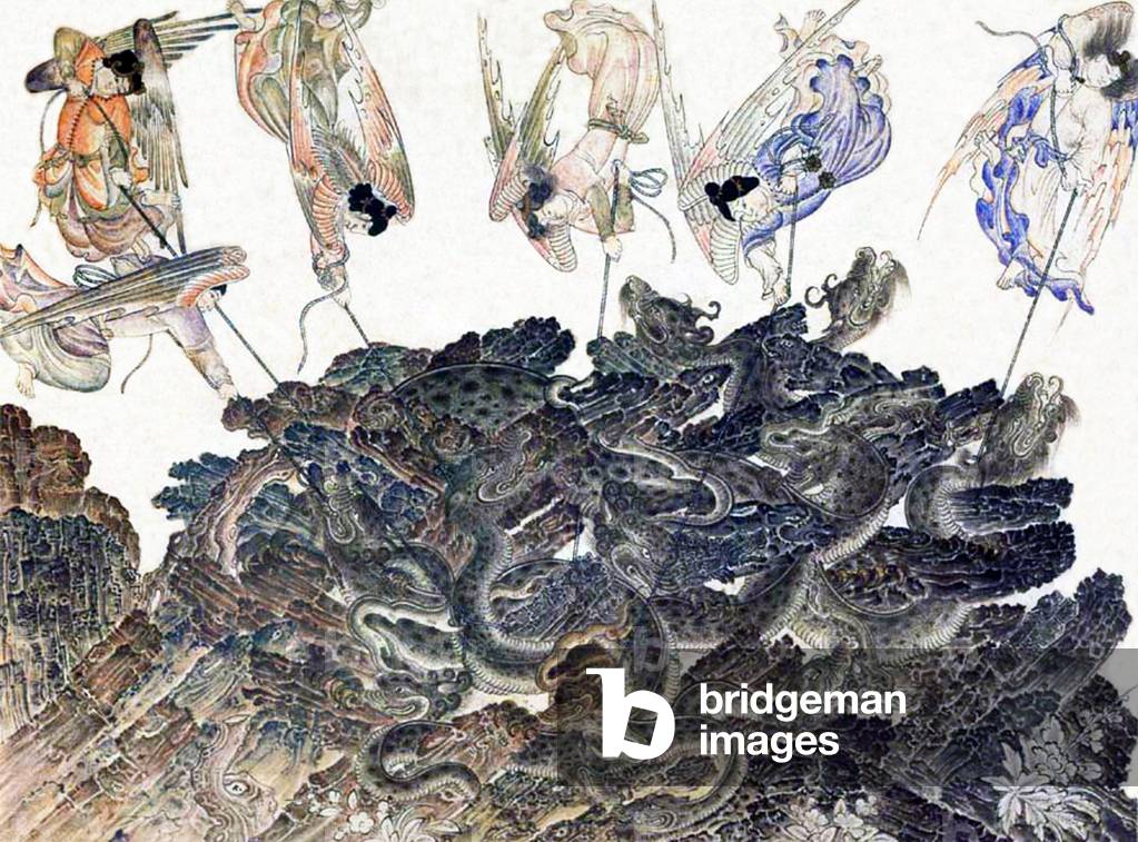 Central Asia / China: Angels struggling to control dragons with ropes, Siyah Kalem School, 15th century