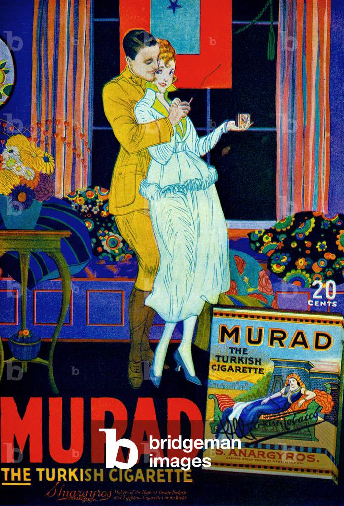 USA: Advertisement for 'Murad' brand Turkish cigarettes featuring Orientalist themes, Sosterios Anargyros, New York, c. 1915 (poster)