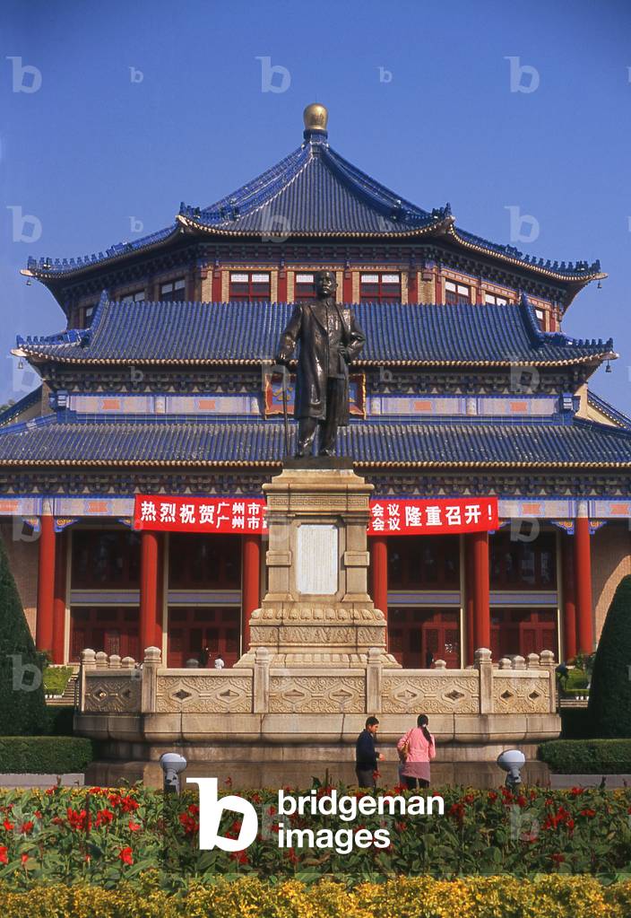 China: Dr Sun Yat-sen (1866-1925), founder of the Chinese Republic, stands in front of the Sun Yatsen Memorial Hall (Sun Zhongshan Jiniantang), Guangzhou (Canton), Guangdong Province