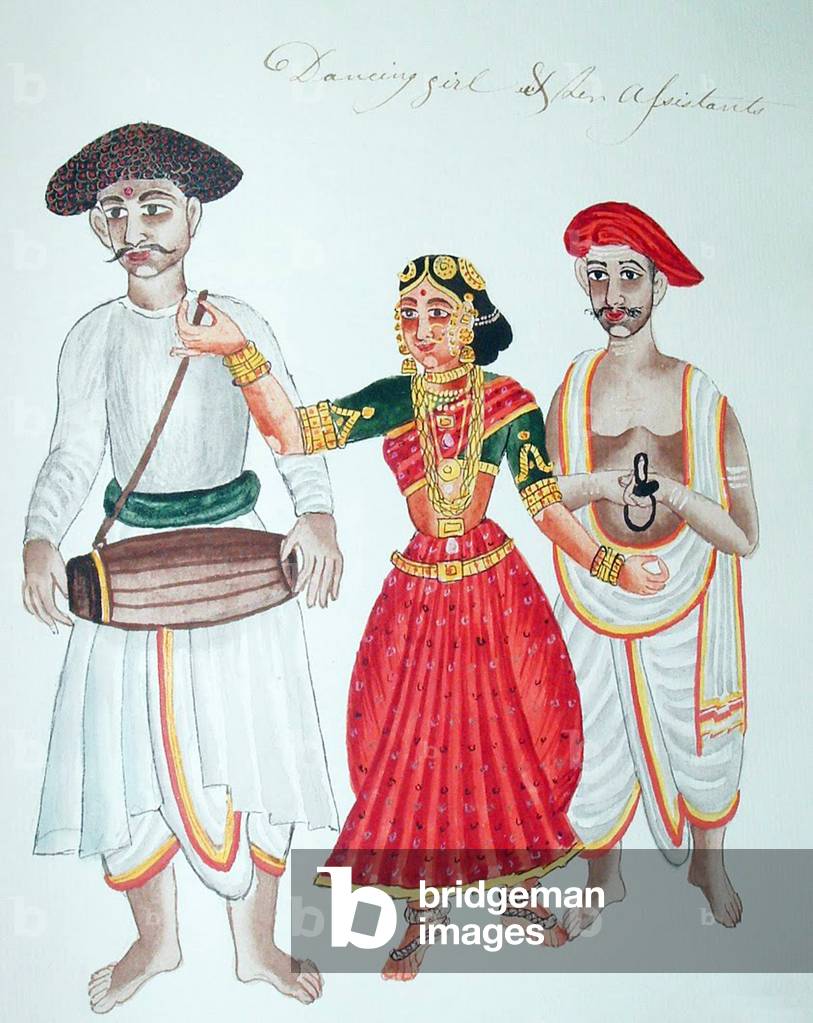 India: A Dancing Girl and her assistants - watercolour from South India (19th century).