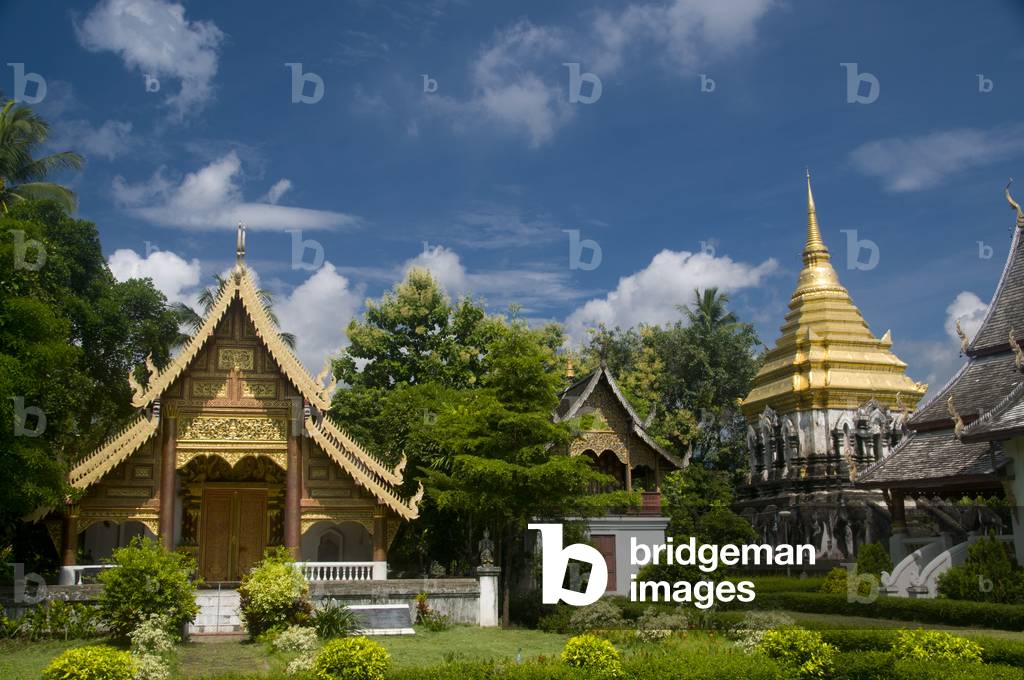 Thailand: Ubosot (ordination hall), ho trai (library) and chedi, Wat Chiang Man, Chiang Mai