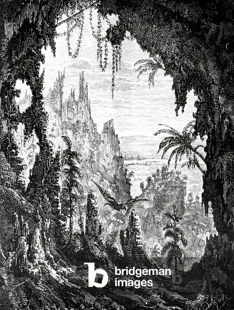 Laos: A drawing by French expeditioner Louis Delaporte of the view from a huge cave in southern Laos where members of a French exploration team camped in 1867.