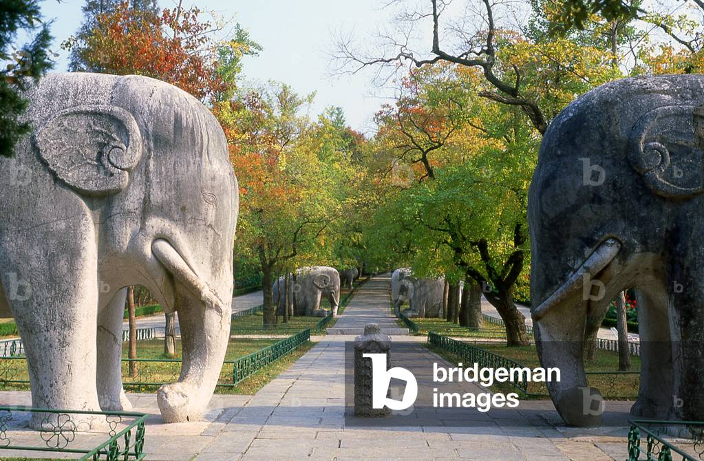 China: Elephant statues near the Ming Xiaoling (Tomb of Emperor Hong Wu, r. 1368-1398), Zijin Shan, Nanjing, Jiangsu Province