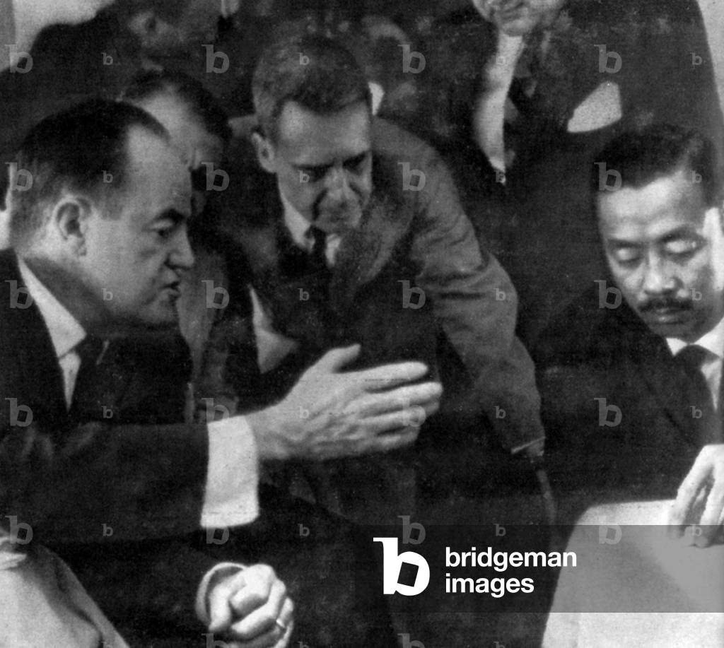 Vietnam: A rare photograph of Edward G. Lansdale (centre) between USA Vice President Hubert Humphrey (left) and Air Vice Marshal Ky.
