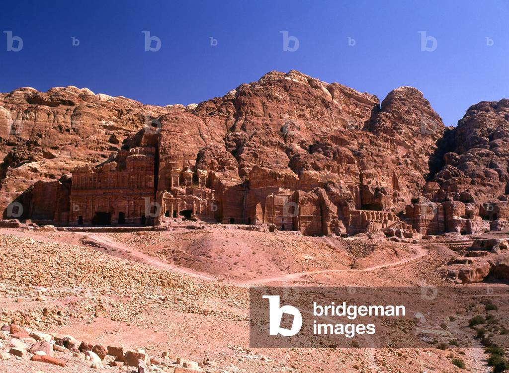 Jordan: The Palace Tomb (left), the Corinthian Tomb (centre left), The Silk Tomb (centre right) and The Urn Tomb (right), Petra