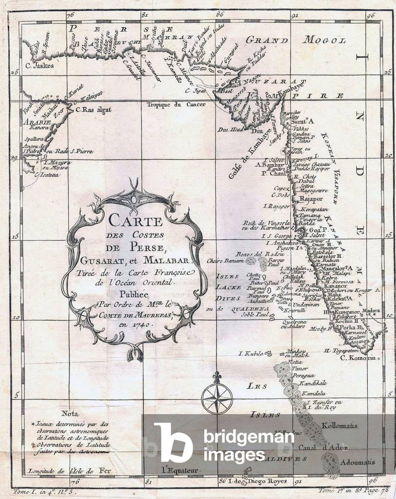 Indian Ocean: A map of the Coasts of Persia, Gujarat and Malabar (French, 1740).