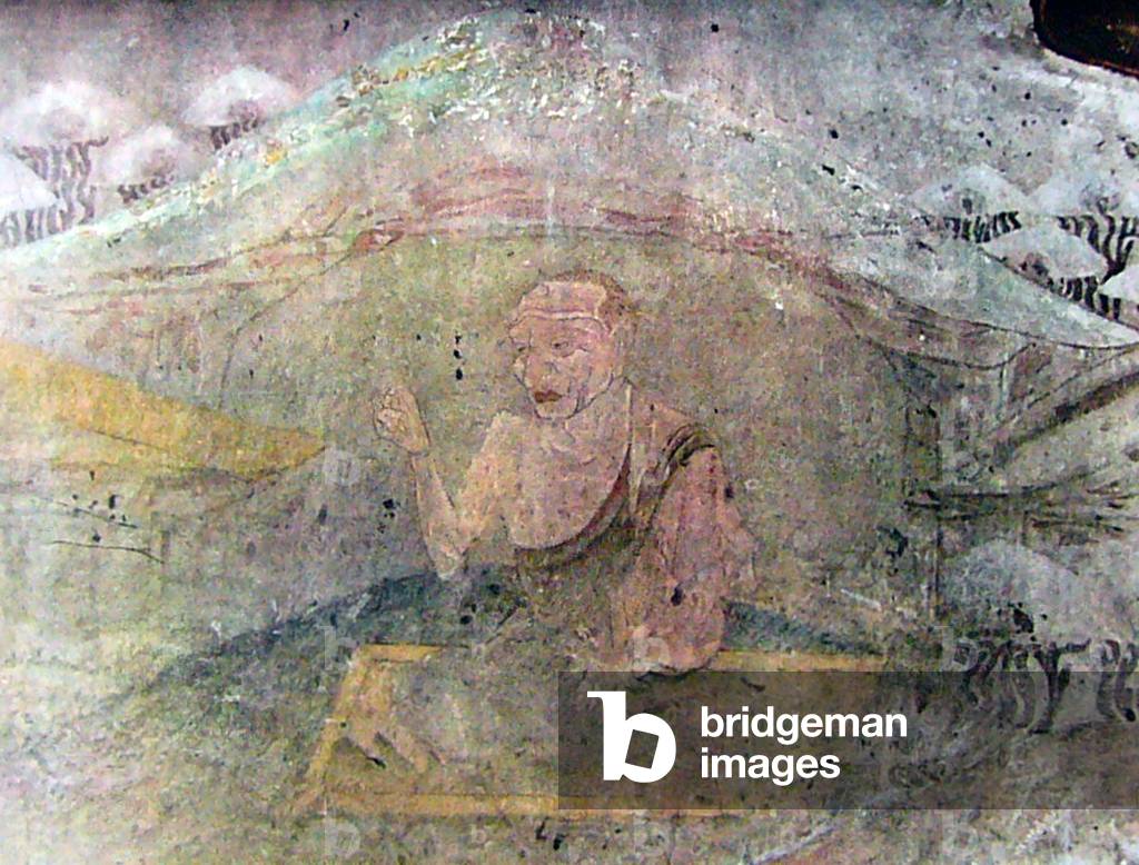 Japan: Lost Horyuji Temple fresco from a pre-1949 photograph: Outer section wall, Arhat.