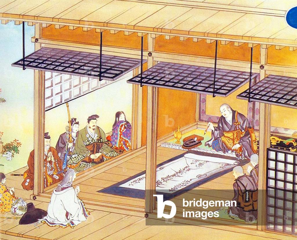 Japan: Nichiren inscribes the Dai-Gohonzon observed by acolytes. Late 18th - early19th century