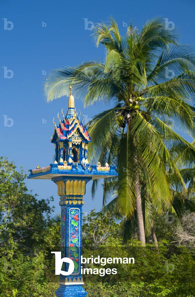 Thailand: A coconut palm overlooks a spirit house near the beach at Ao Thong Nai Pan Yai, Ko Phangan