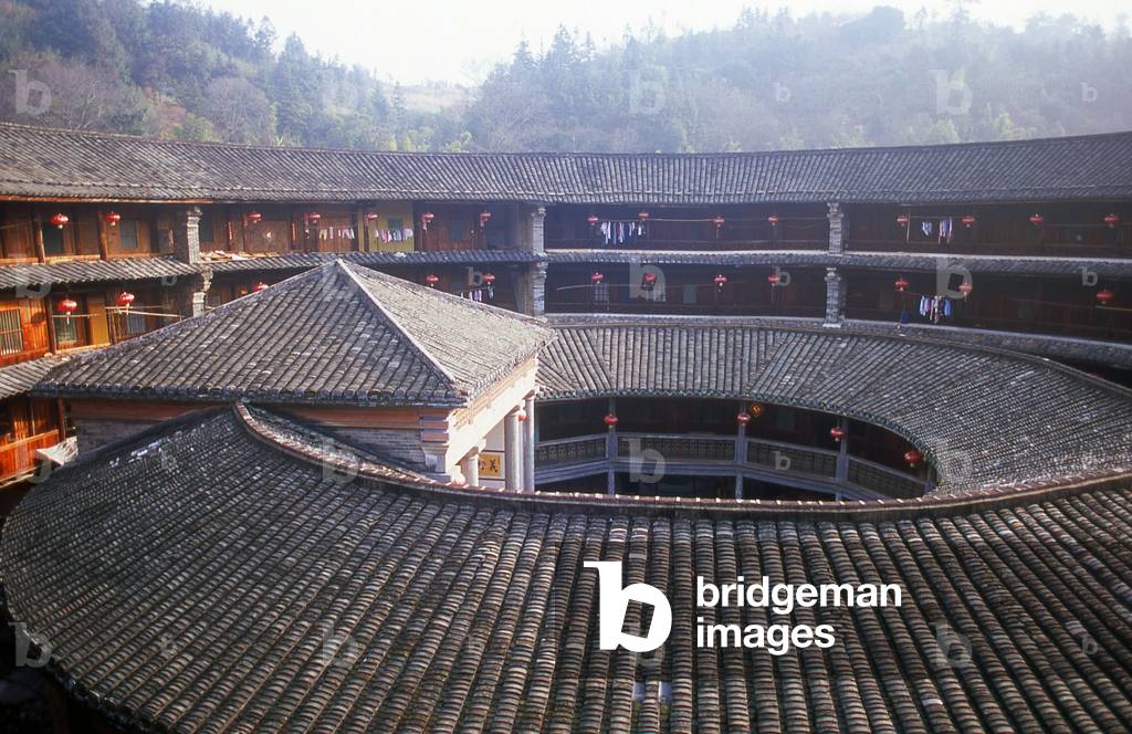 China: The inner courtyard at Zhenchang Lou Hakka Tower near Hukeng, Yongding County, Fujian Province
