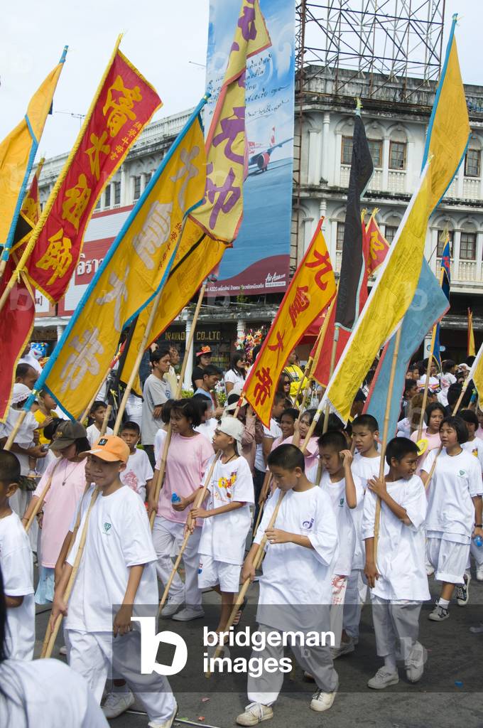 Thailand: A section of the daily parade through Phuket Town during the festival, Phuket Vegetarian Festival