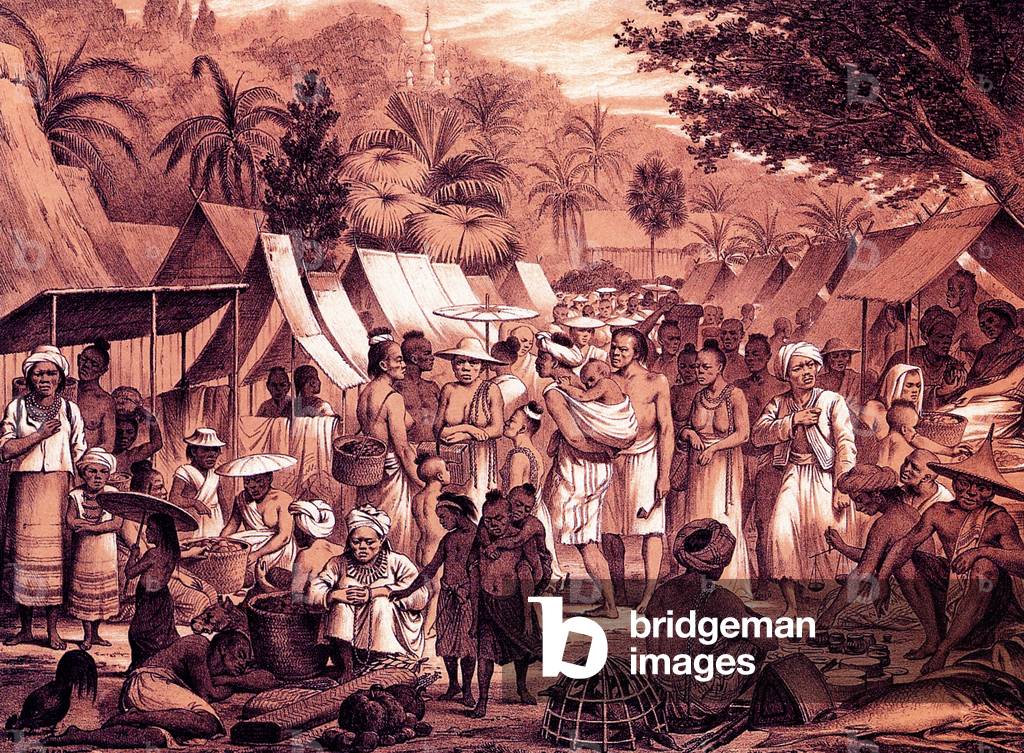 Laos: The market in Luang Prabang, sketched by French expeditioner Louis Delaporte in 1867.