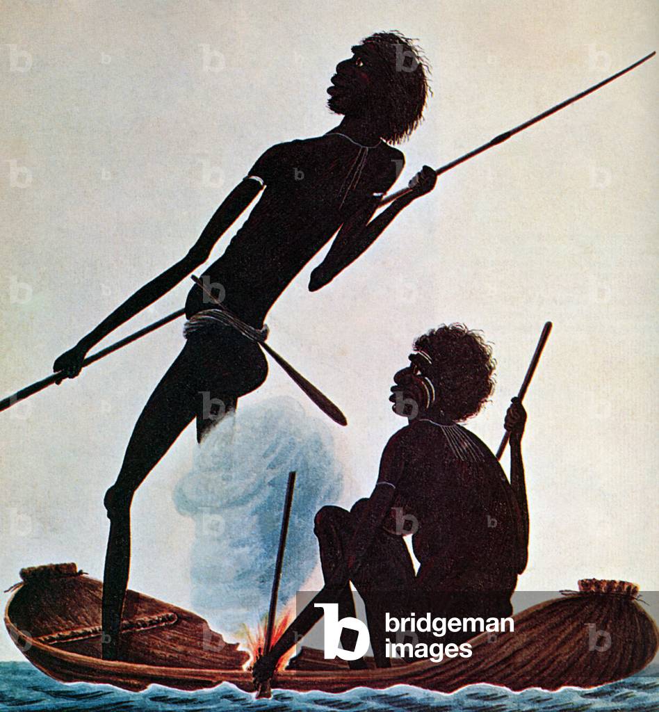 Australia: Australian aboriginals fishing in a canoe, as depicted in an 1819 watercolour.