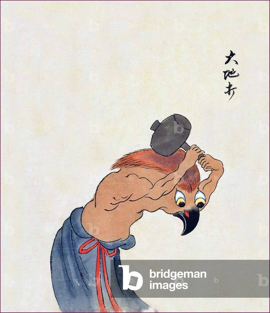 Japan: The Daichiuchi is a mallet-wielding monster with a bird-like face. From the Bakemono Zukushi Monster Scroll, Edo Period (1603-1868).