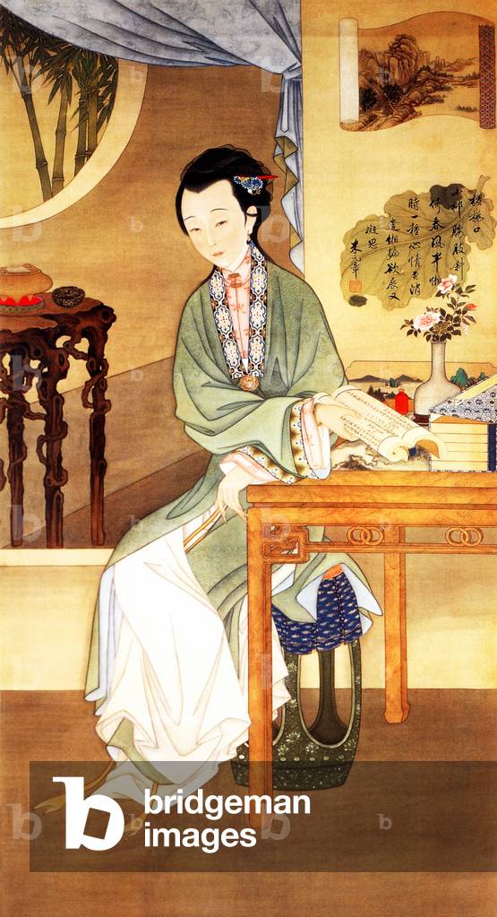China: 'Reading and Musing', from the 'Yongzheng shier meiren tu'or 'Twelve Beauties of Prince Yong', Qing Dynasty court painting, early 18th century
