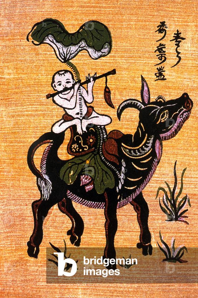 Vietnam: A pastoral scene in Tonkin - traditional woodblock painting from Dong Ho village, Bac Ninh Province