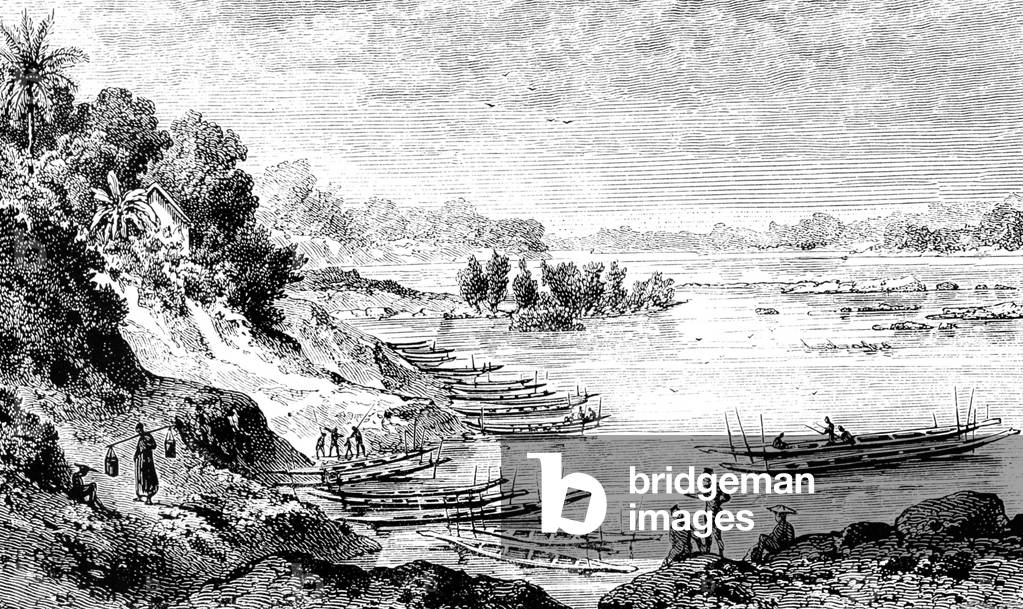 Thailand: Pak Mun port on the Mun River, a tributary of the Mekong, as seen by French expeditioner Louis Delaporte in 1867.