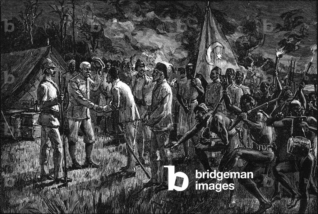 Sudan / South Sudan: Emin Pasha greets Henry Morton Stanley, Equatoria, April 1888