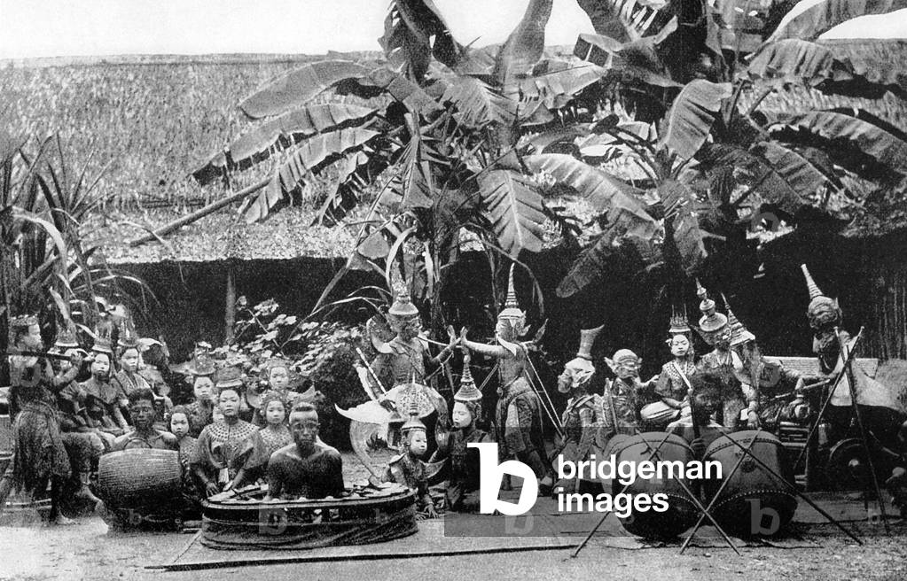 Thailand: A Siamese theatre troupe with accompanying band, c. 1900