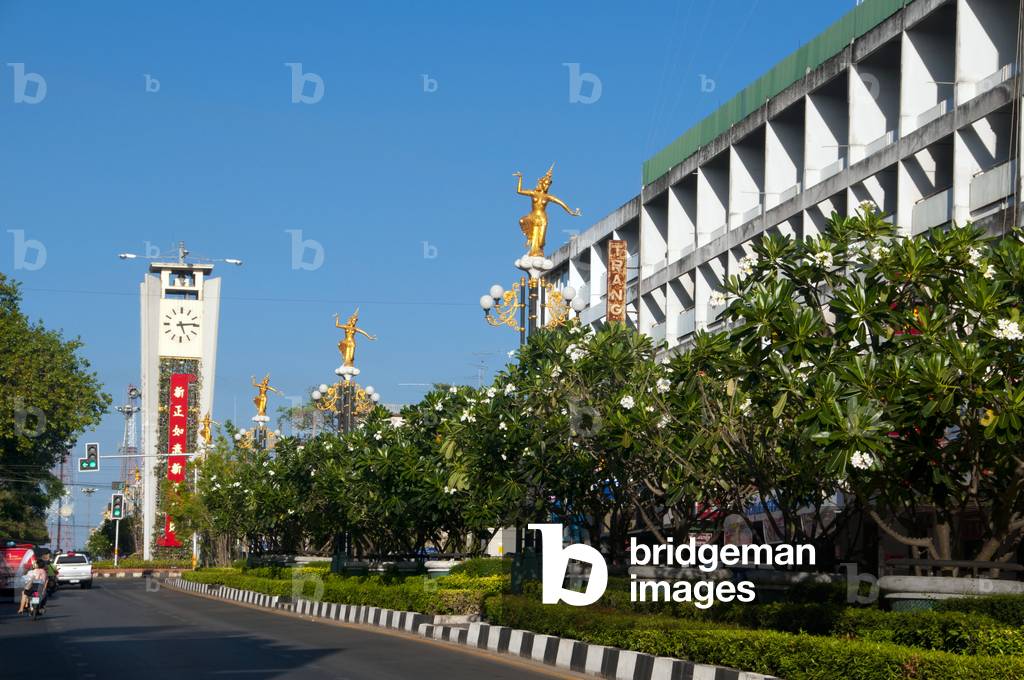 Thailand: The clocktower and Rama VI Road, Trang, Trang Province