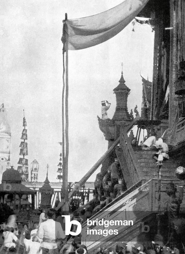 Thailand: The urns carrying the embalmed remains of two princes are passed to the site of the funeral pyre in Bangkok during the reign of King Chulaongkorn (1868 - 1910).
