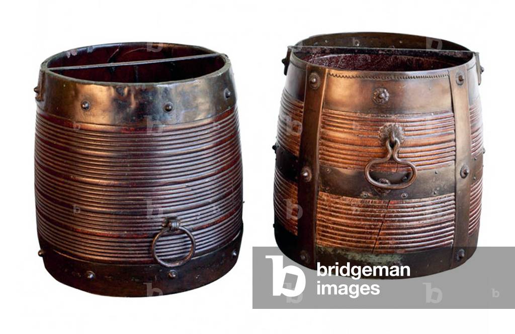 India: Wood, copper and brass rice measures, Deccan, early 20th century