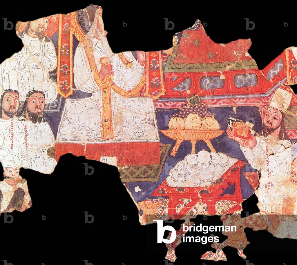 China: Fragments of a Manichaean painting from Turfan, Xinjiang, c.10th century. Sacred meal of the elect at a festival of thanksgiving for Mani