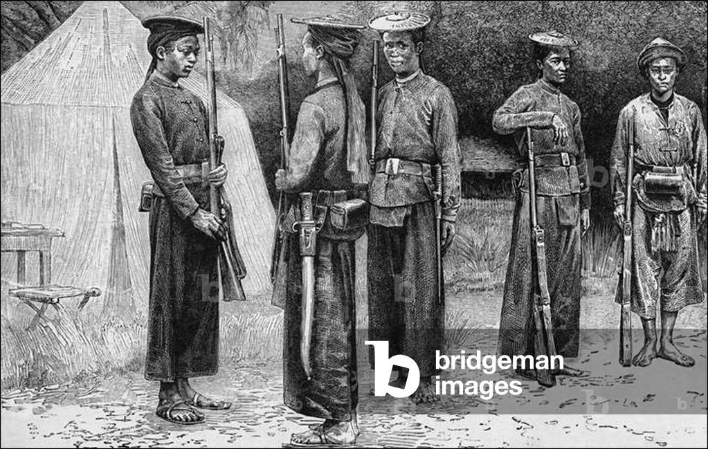 Vietnam: Tonkinese tirailleurs or riflemen in French service, c. 1890