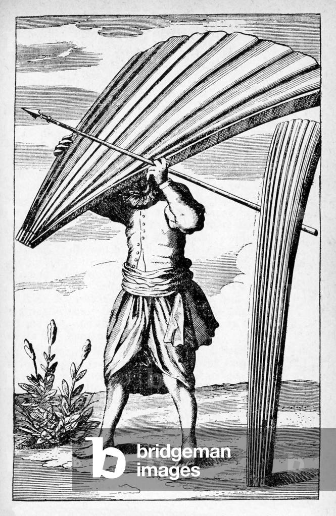 Sri Lanka: 'The manner of sheltering themselves from the rain by talipot palm leaf' (Knox, 1681).