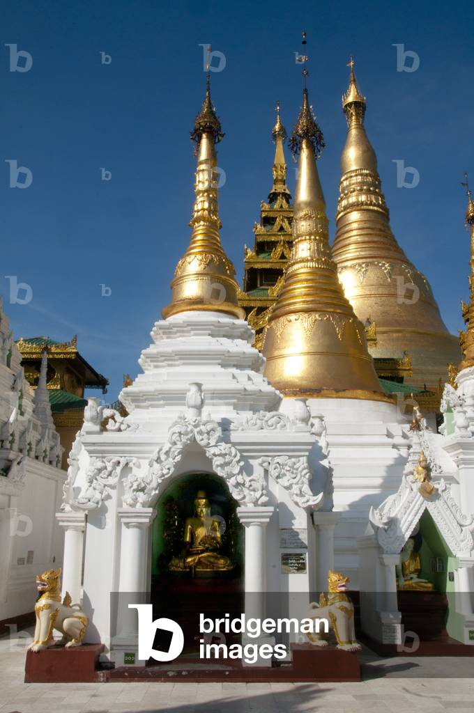 Burma / Myanmar: Shrines and smaller stupas in front of the great Shwedagon Pagoda, Yangon (Rangoon) (photo)