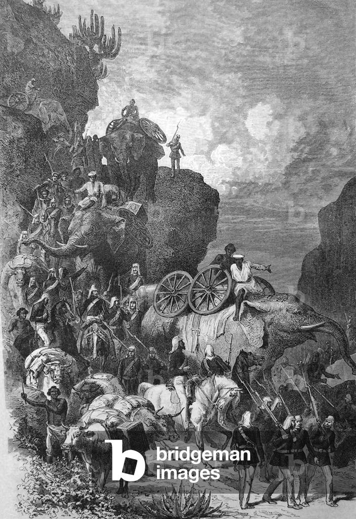 Ethiopia: The British Expedition to Abyssinia. Artllery and elephants on the march