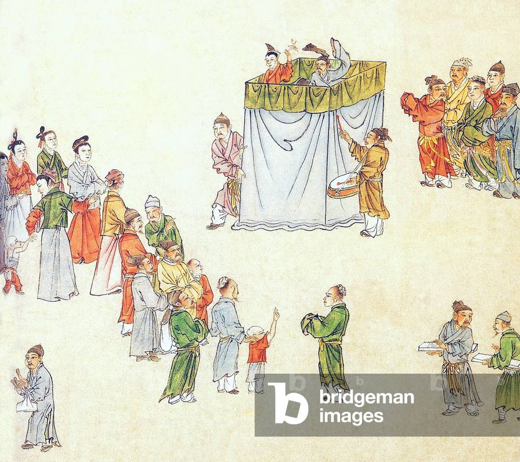 China: A puppet show draws an audience. Yuan Dynasty painting (14th century)
