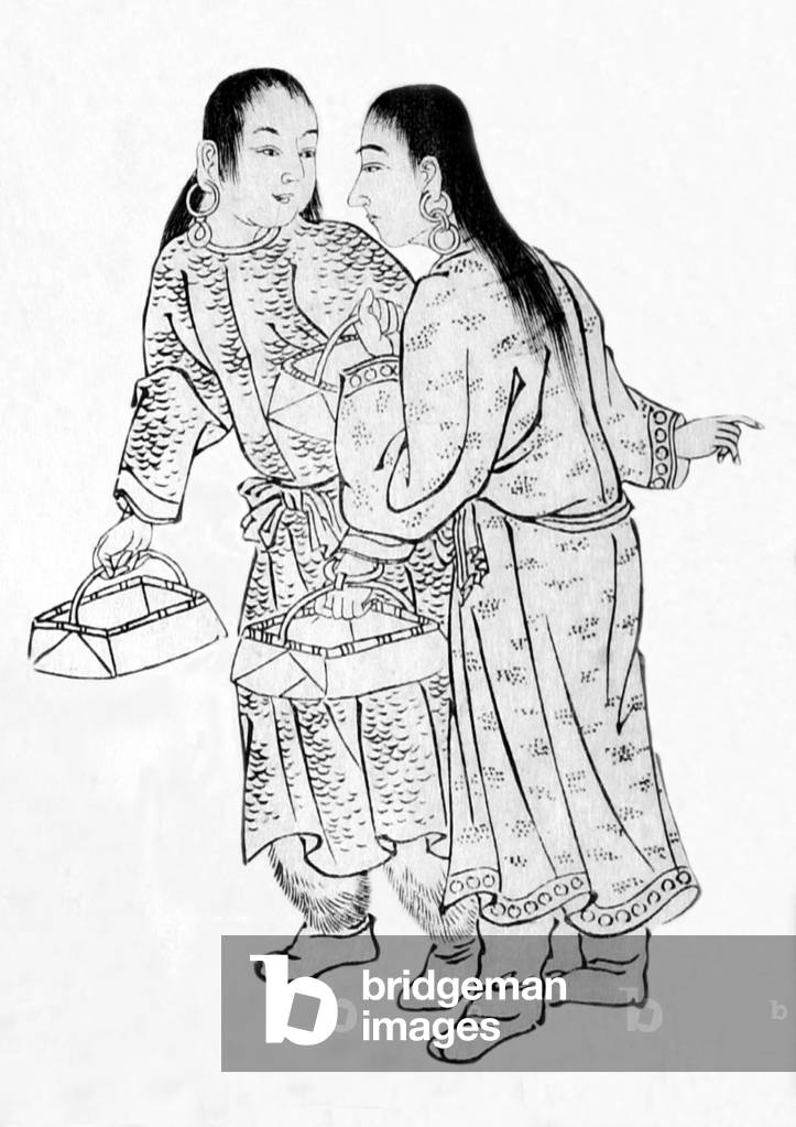 Russia / Japan: Two Sakhalin Ainu women with small baskets. Mamiya Rinzo (1780-1844), Kita Ezo zusetsu