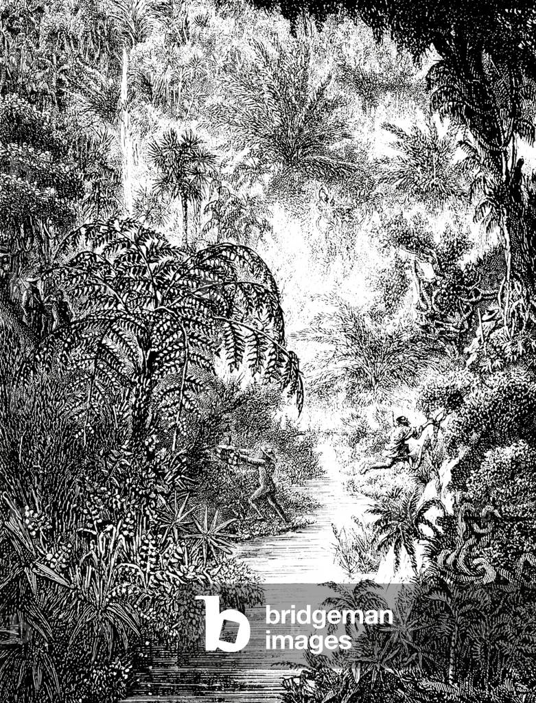 China: A French expedition and porters cross a ravine in Yunnan Province, as sketched by Louis Delaporte in Febraury 1868.