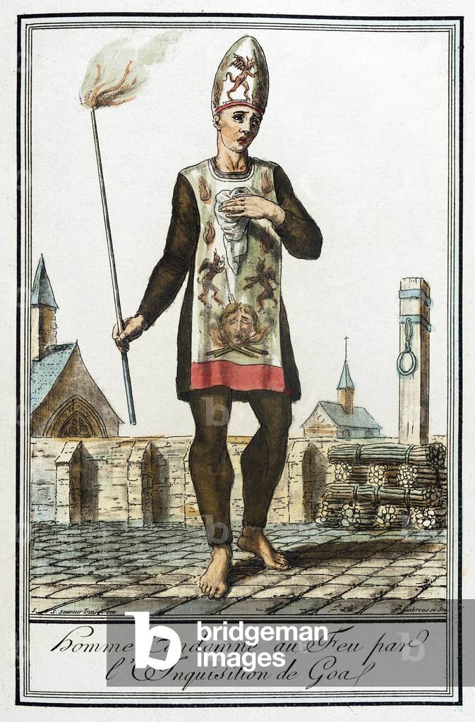 India / Portugal: 'Homme Condamne au Feu par l'Inquisition de Goa' (Man condemned to the fire by the Inquisition at Goa), Jacques Grasset de Saint-Sauveur (1757 - 1810), hand-tinted engraving, c. 1797