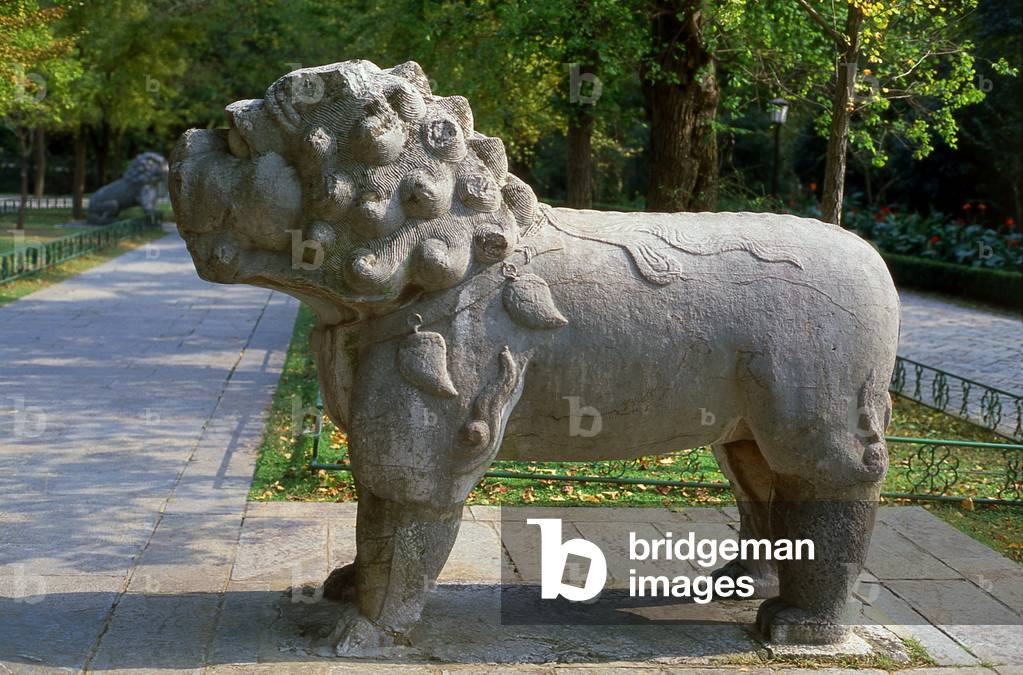 China: Mythical lion statue near the Ming Xiaoling (Tomb of Emperor Hong Wu, r. 1368-1398), Zijin Shan, Nanjing, Jiangsu Province