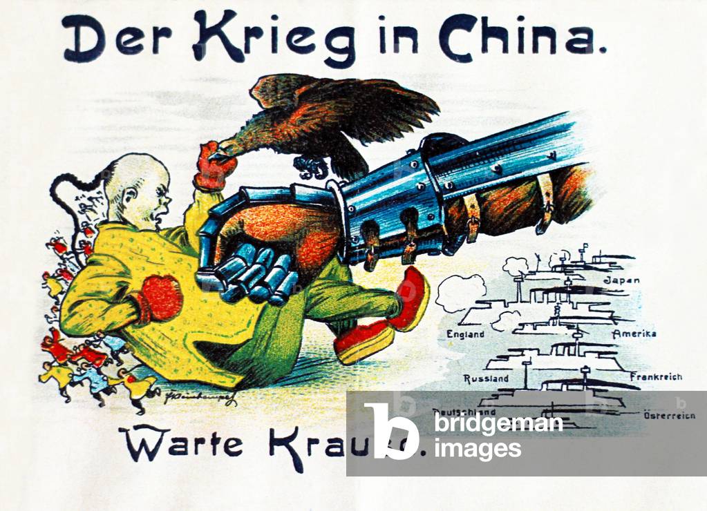 China: German propaganda card from the Boxer Rebellion showing the combined allied fleet crushing imperial China, c. 1900