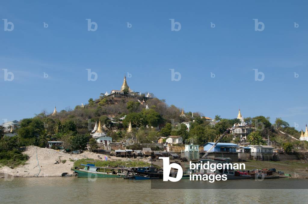 Burma / Myanmar: Pagodas at Sagaing seen from the Irrawaddy / Ayeyarwady River, near Mandalay