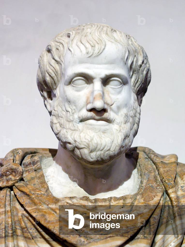Greece: Portrait of Aristotle in pentelic marble, copy from the Imperial Period (1st or 2nd century CE) of a lost bronze sculpture made by Lysippos of Sicyon