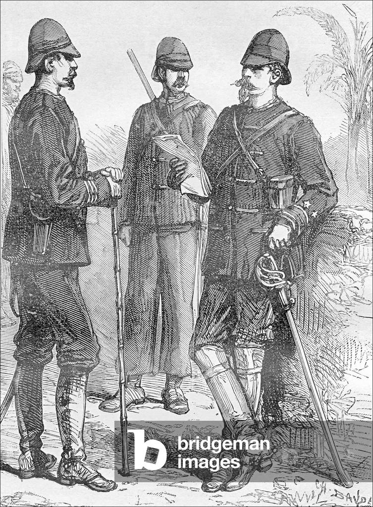 Vietnam / France: General Edouard Ferdinand Jamont (1831-1918), first commander of the Tonkin occupation division, confers with two French officers