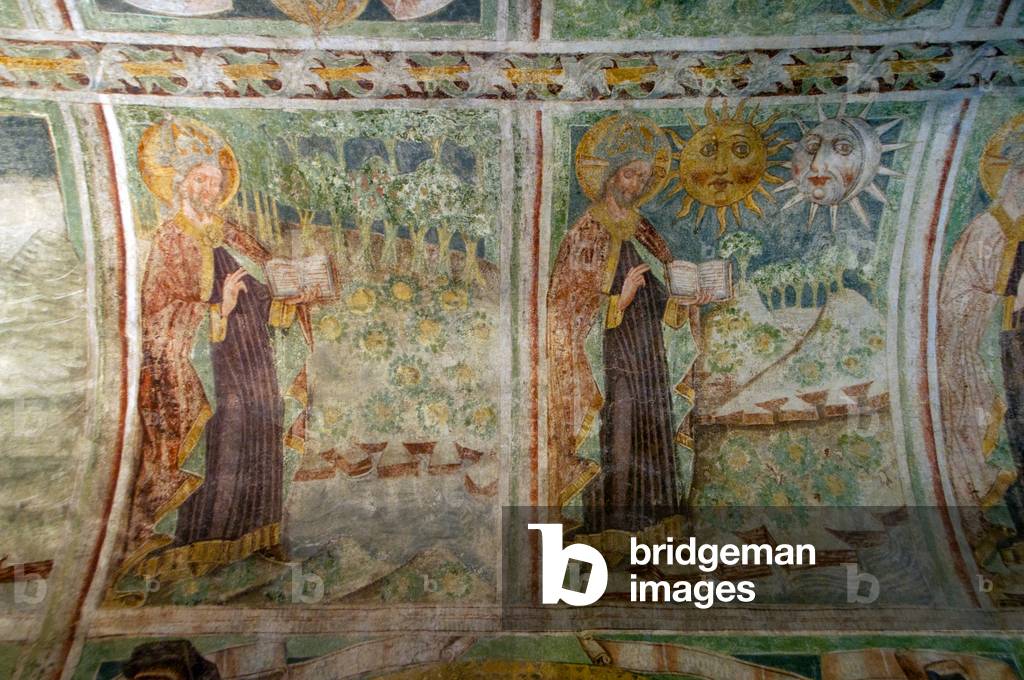 Slovenia: 15th century frescoes by John of Kastav (Johannes de Castua) showing scenes from the Creation of the Earth (Genesis, Old Testament) in the vault of the central nave, Holy Trinity Church, Hrastovlje, Rizana Valley