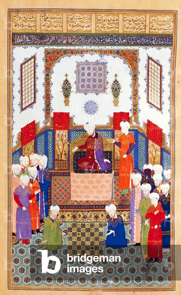 Bozorgmehr, grand vizier to Khosrau I (501-79), challenges the Indian envoy to a game of chess